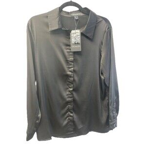 NWT Escalier Women's Silk Blouse Hidden Button Satin Top Black